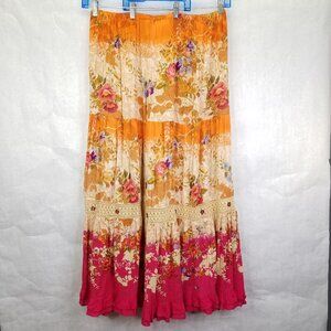 Forbidden Maxi Broom Skirt Womens L Floral Crochet Beads Tiered Orange Pink Boho